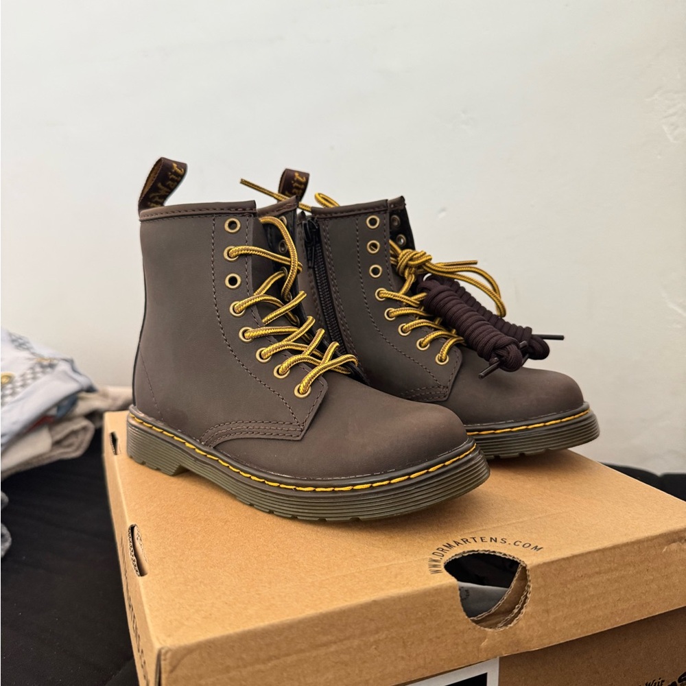 SOLD Dr. Martens Kids Dark Brown Boots with Yellow Laces